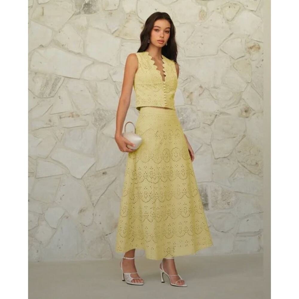 NWT Commense Eyelet Pattern Maxi Skirt Yellow Sz L